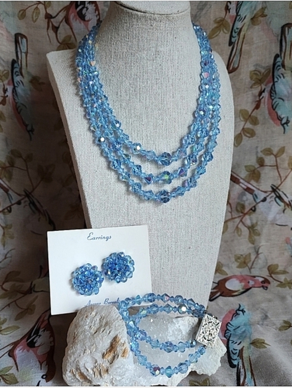 Full Vintage Parure Faceted Blue Crystal Necklace Earrings Bracelet FEDERAL